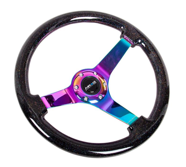 NRG Innovations Classic 350mm / 3in Deep Black Sparkled Wood Grain Steering Wheel with Neo Chrome Spokes - Dirty Racing Products