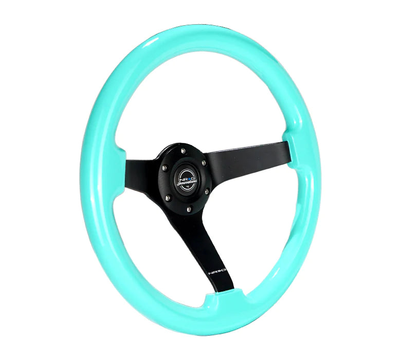 NRG Innovations Classic 350mm / 3in Deep Minty Fresh Wood Grain Steering Wheel with Black Spokes - Dirty Racing Products