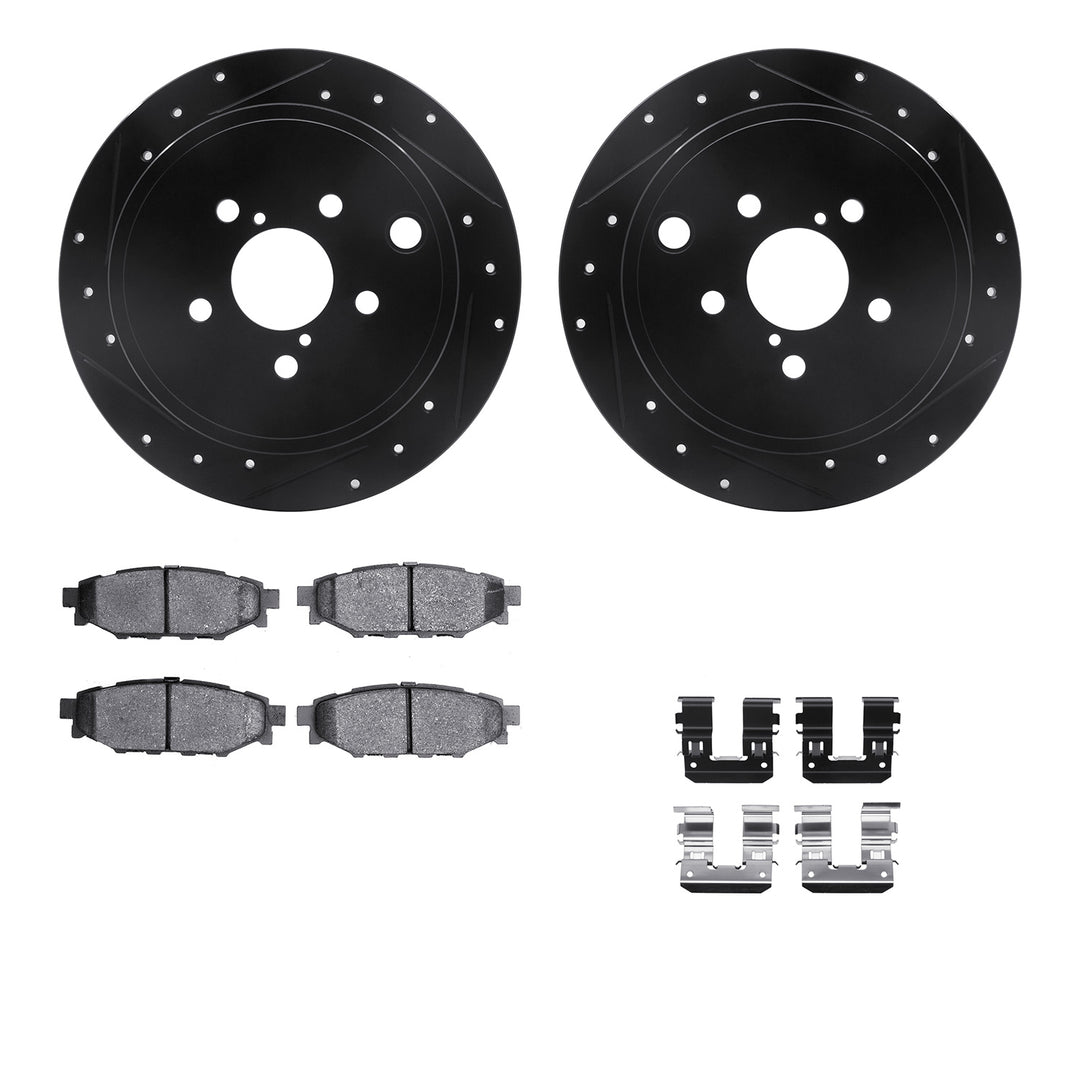 R1 Concepts Black Drilled Slotted Rotors w/5000 OEp Brake Pads Subaru BRZ 2015-13, Forester 2013-09, Impreza 2014-08, Legacy 2014-10, Outback 2014-10, WRX 2014-12 - Dirty Racing Products