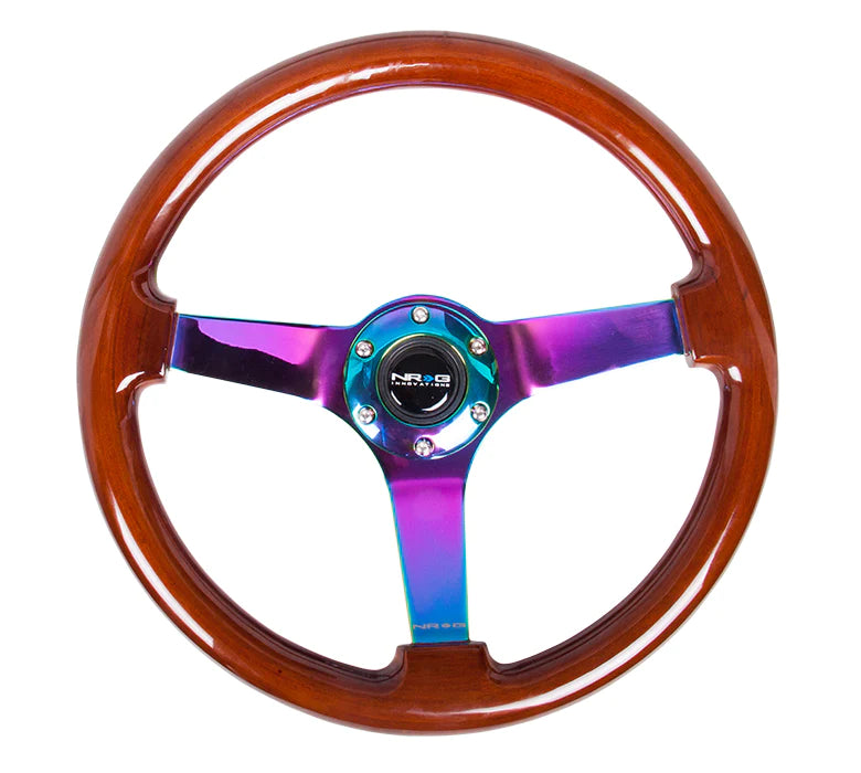 NRG Innovations Classic 350mm / 3in Deep Brown Wood Grain Steering Wheel with Neo Chrome Spokes - Dirty Racing Products