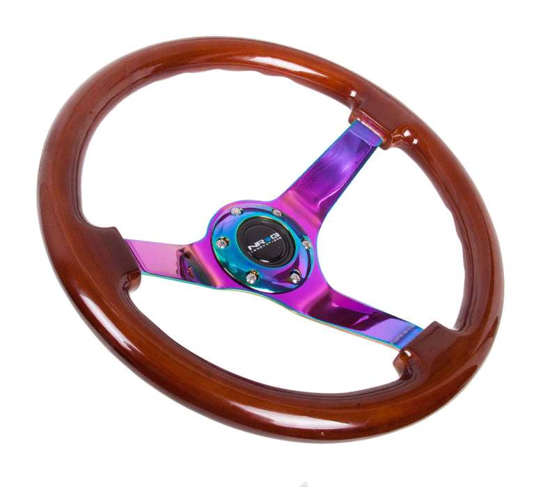 NRG Innovations Classic 350mm / 3in Deep Brown Wood Grain Steering Wheel with Neo Chrome Spokes - Dirty Racing Products