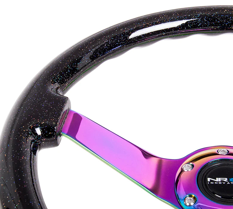 NRG Innovations Classic 350mm / 3in Deep Black Sparkled Wood Grain Steering Wheel with Neo Chrome Spokes - Dirty Racing Products