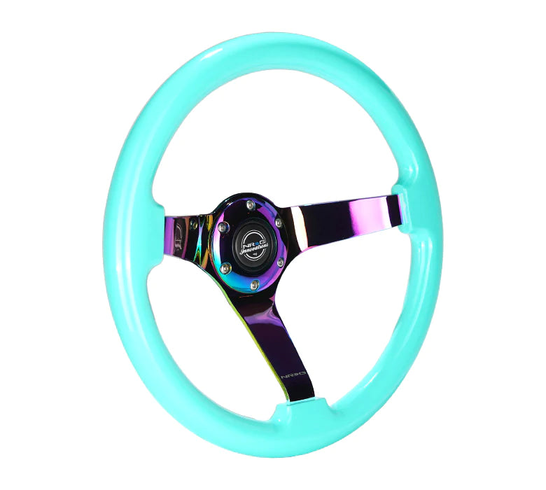 NRG Innovations Classic 350mm / 3in Deep Minty Fresh Wood Grain Steering Wheel with Neo Chrome Spokes - Dirty Racing Products