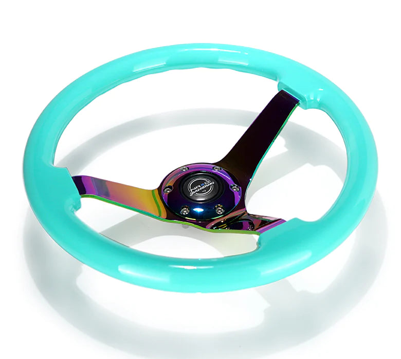 NRG Innovations Classic 350mm / 3in Deep Minty Fresh Wood Grain Steering Wheel with Neo Chrome Spokes - Dirty Racing Products