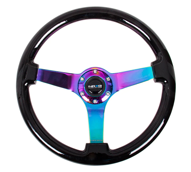 NRG Innovations Classic 350mm / 3in Deep Classic Black Wood Grain Steering Wheel with Neo Chrome Spokes - Dirty Racing Products
