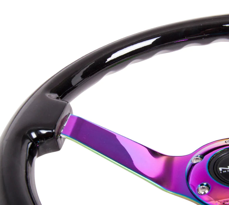 NRG Innovations Classic 350mm / 3in Deep Classic Black Wood Grain Steering Wheel with Neo Chrome Spokes - Dirty Racing Products