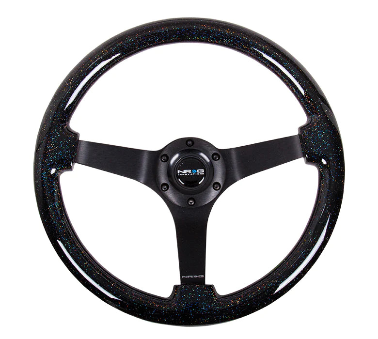 NRG Innovations Classic 350mm / 3in Deep Black Sparkled Wood Grain Steering Wheel with Black Spokes - Dirty Racing Products