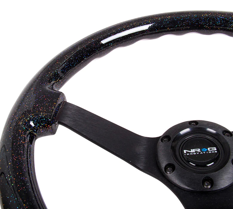 NRG Innovations Classic 350mm / 3in Deep Black Sparkled Wood Grain Steering Wheel with Black Spokes - Dirty Racing Products