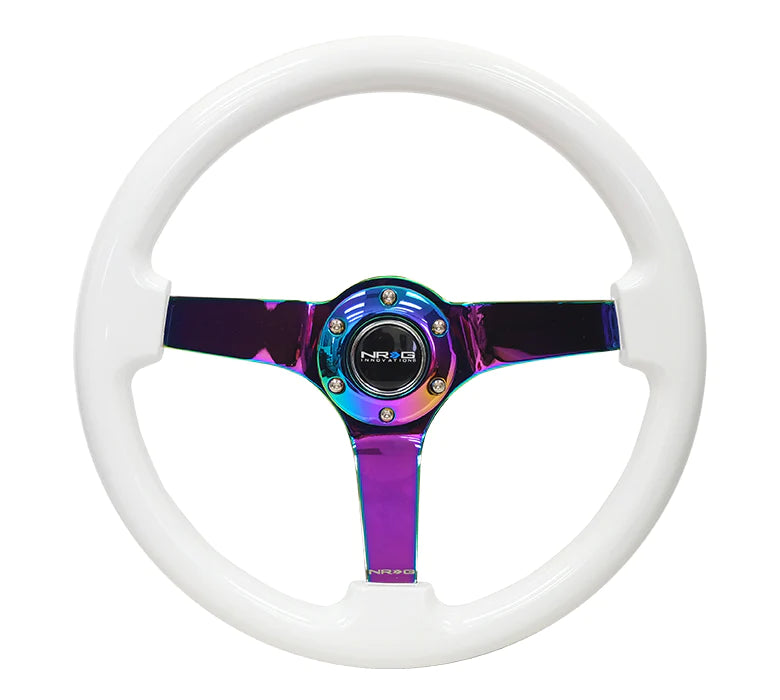 NRG Innovations Classic 350mm / 3in Deep White Wood Grain Steering Wheel with Neo Chrome Spokes - Dirty Racing Products