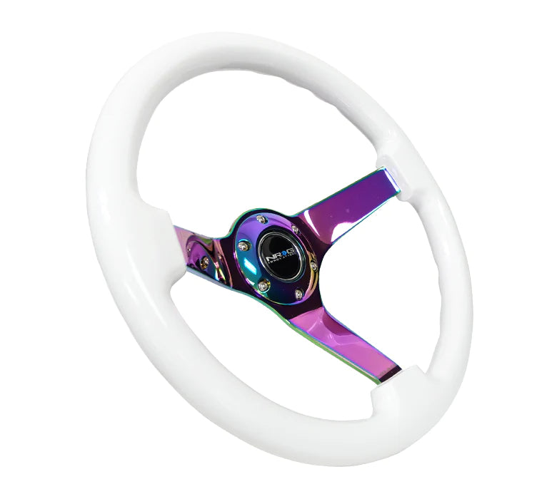 NRG Innovations Classic 350mm / 3in Deep White Wood Grain Steering Wheel with Neo Chrome Spokes - Dirty Racing Products