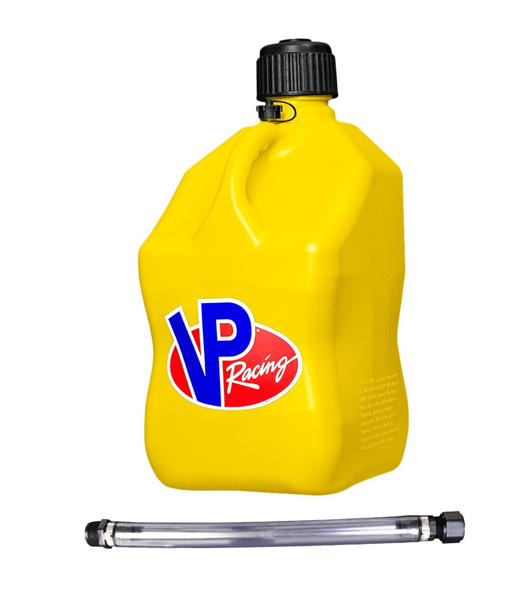 VP Racing 5.5-Gallon Motorsport Container - Yellow Jug, Black Cap w/Filler Hose - Dirty Racing Products