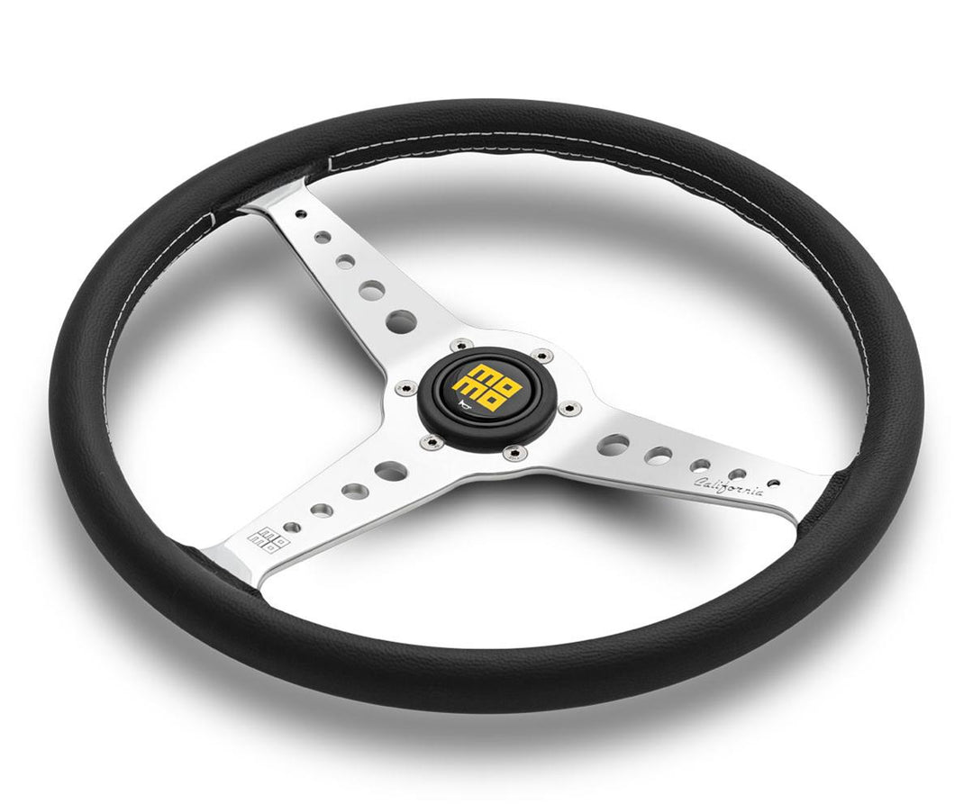 MOMO California Heritage Steering Wheels 360 mm - Black Leather/White Stitch/Polished Spokes - Dirty Racing Products