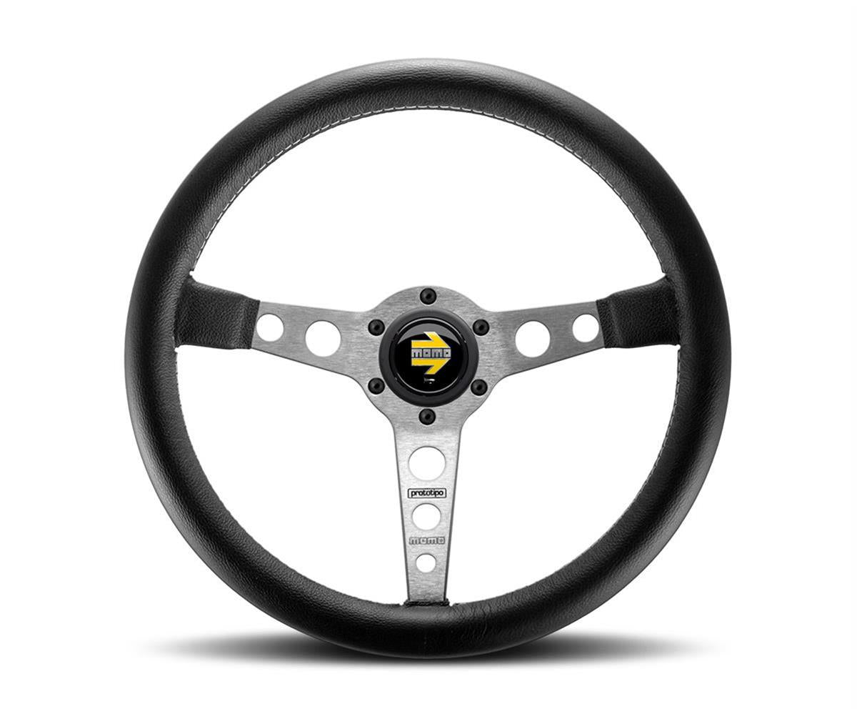 Momo Prototipo Steering Wheel 350mm - Black Leather/White Stitch/Brushed Spokes - Dirty Racing Products
