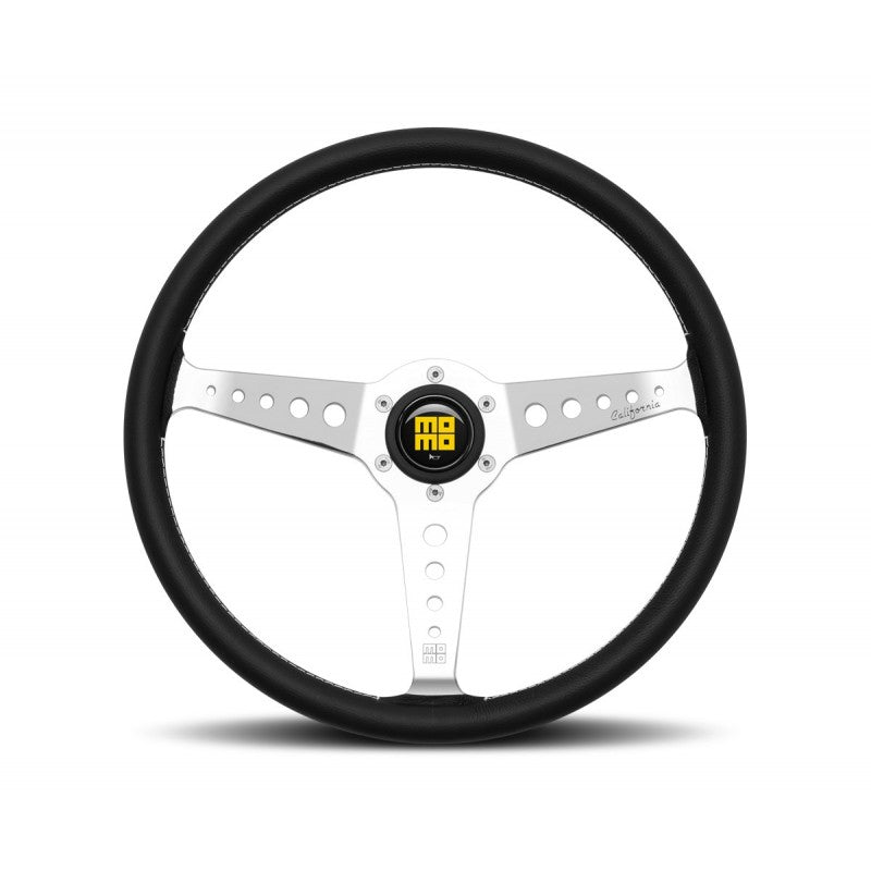 MOMO California Heritage Steering Wheels 360 mm - Black Leather/White Stitch/Polished Spokes - Dirty Racing Products