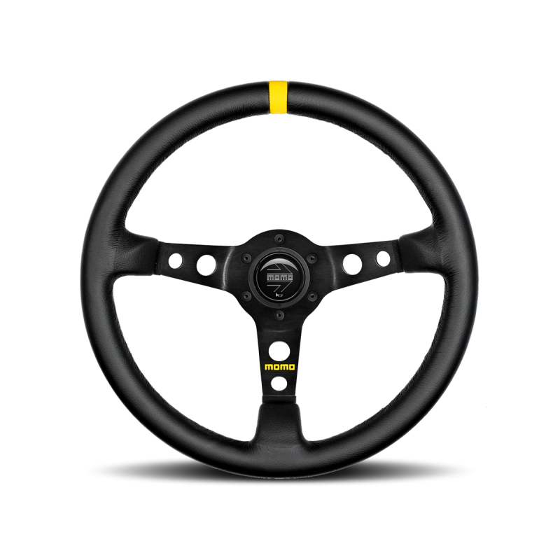 MOMO MOD. 07 Racing Steering Wheels 350 mm - Black Leather/Black Spokes/1 Yellow Stripe - Dirty Racing Products