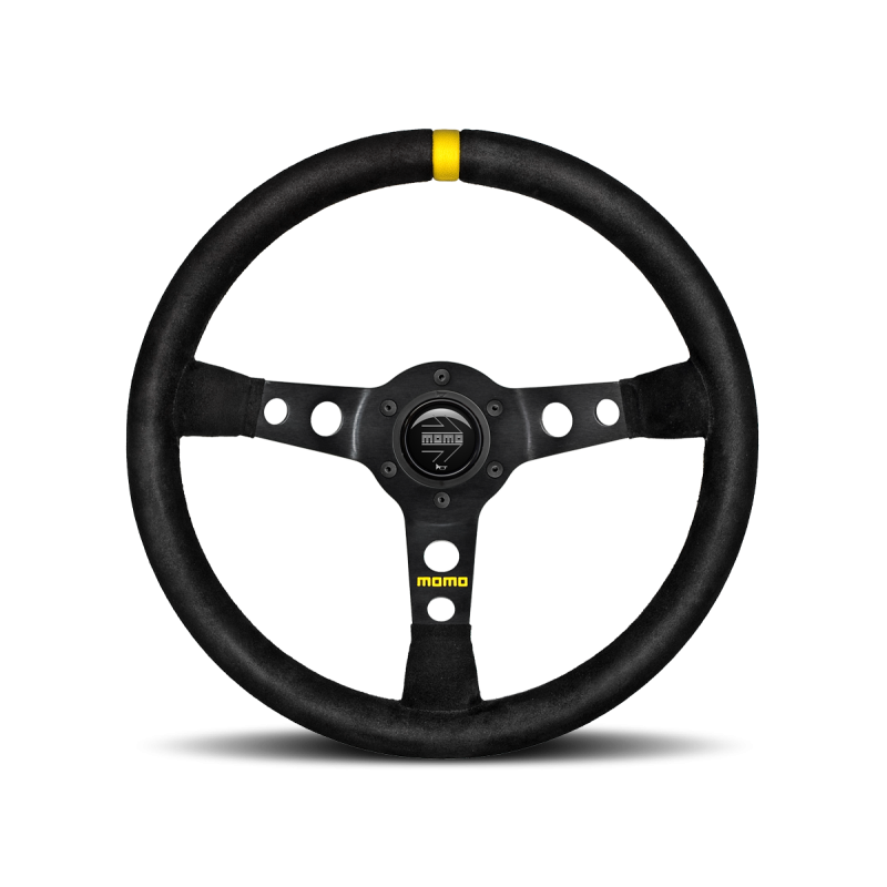 MOMO MOD. 07 Racing Steering Wheels 350 mm - Black Suede/Black Spokes/1 Yellow Stripe - Dirty Racing Products