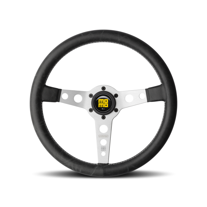 MOMO Prototipo Steering Wheel 350mm - Black Leather/White Stitch/Brushed Aluminum Spokes - Dirty Racing Products