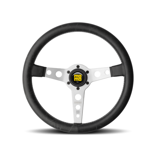 MOMO Prototipo Steering Wheel 350mm - Black Leather/White Stitch/Brushed Aluminum Spokes - Dirty Racing Products