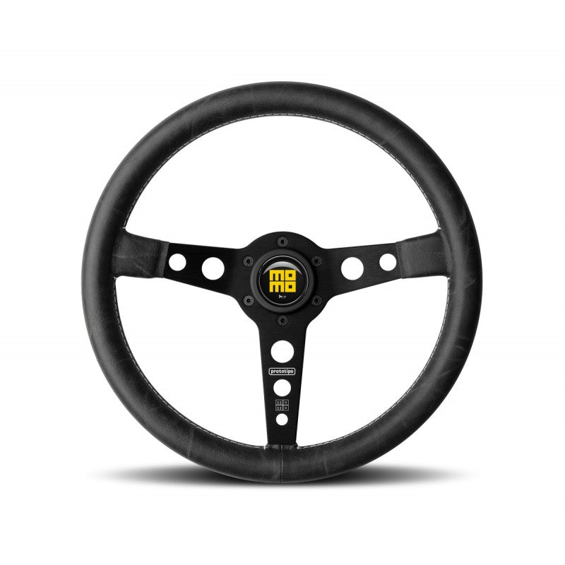 MOMO Prototipo Steering Wheel 350mm - Black Leather/White Stitch/Brushed Black Anodized Spokes - Dirty Racing Products