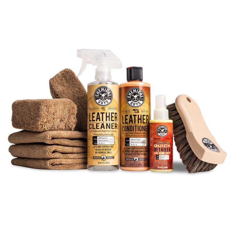 Chemical Guys Leather Cleaner and Conditioner Detailing Kit, for Interiors, Leather, Apparel, Furniture, Boots, and More, 9 Items