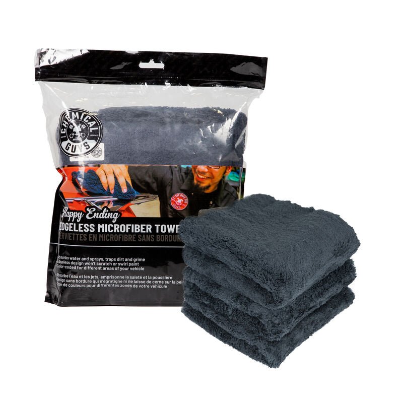 Chemical Guys Happy Ending Ultra Edgeless Microfiber Towel - 16in x 16in - Black - 3 Pack (P16) - Dirty Racing Products
