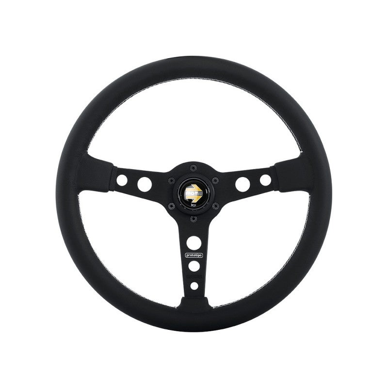 Momo Prototipo Steering Wheel 350mm - Black Leather/White Stitch/Black Spokes - Dirty Racing Products