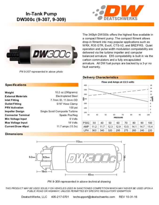 Deatschwerks DW300C 340lph Fuel Pump for 04-06 Pontiac GTO and 05-14 Subaru Models - Dirty Racing Products